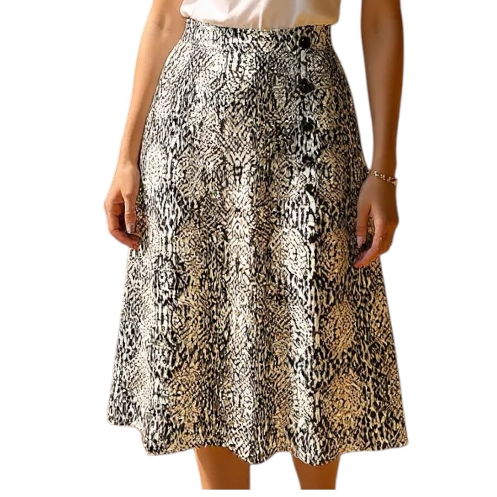 All In Favor Womens A Line Skirt Brown Black Animal Snake Print Buttons Lined
